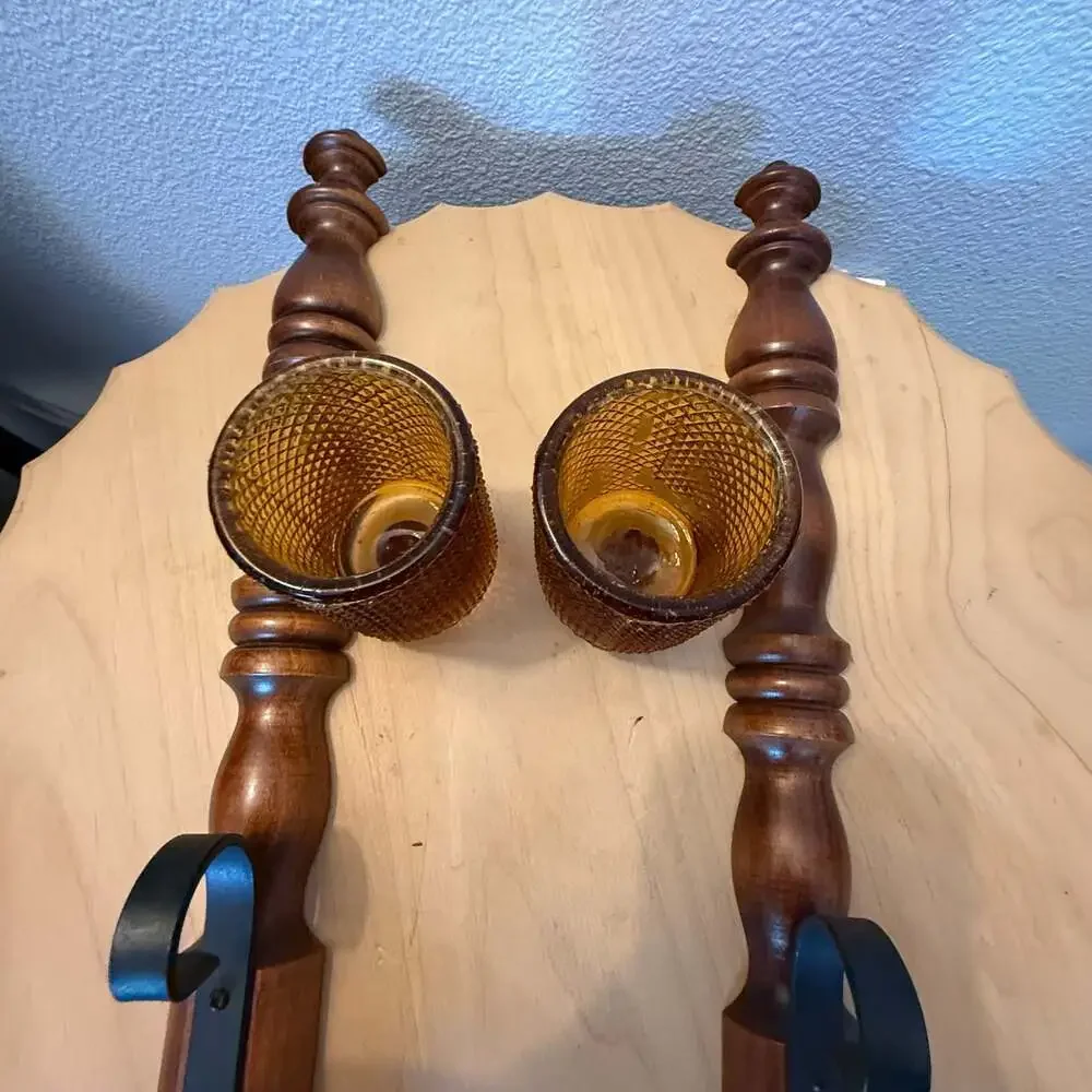 Vintage Wood and Metal Wall Sconces with Amber Diamond Point Glass Votives